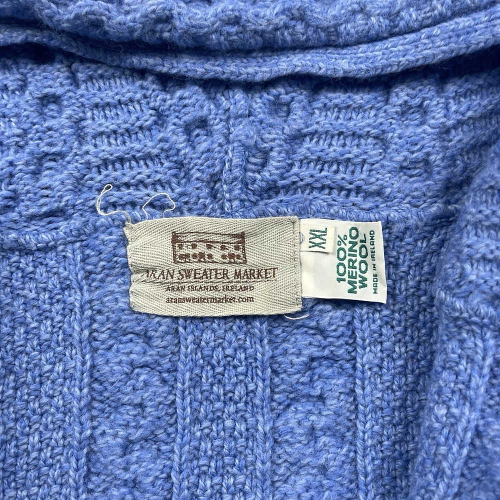 Aran Sweater Market Sweater Womens XXL Blue Cable Knit Full Zip Hooded 100% Wool - Picture 4 of 9